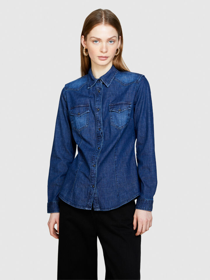 Chemise ajustée en jeans - chemises pour femme - Bleu Foncé | Sisley image number 4